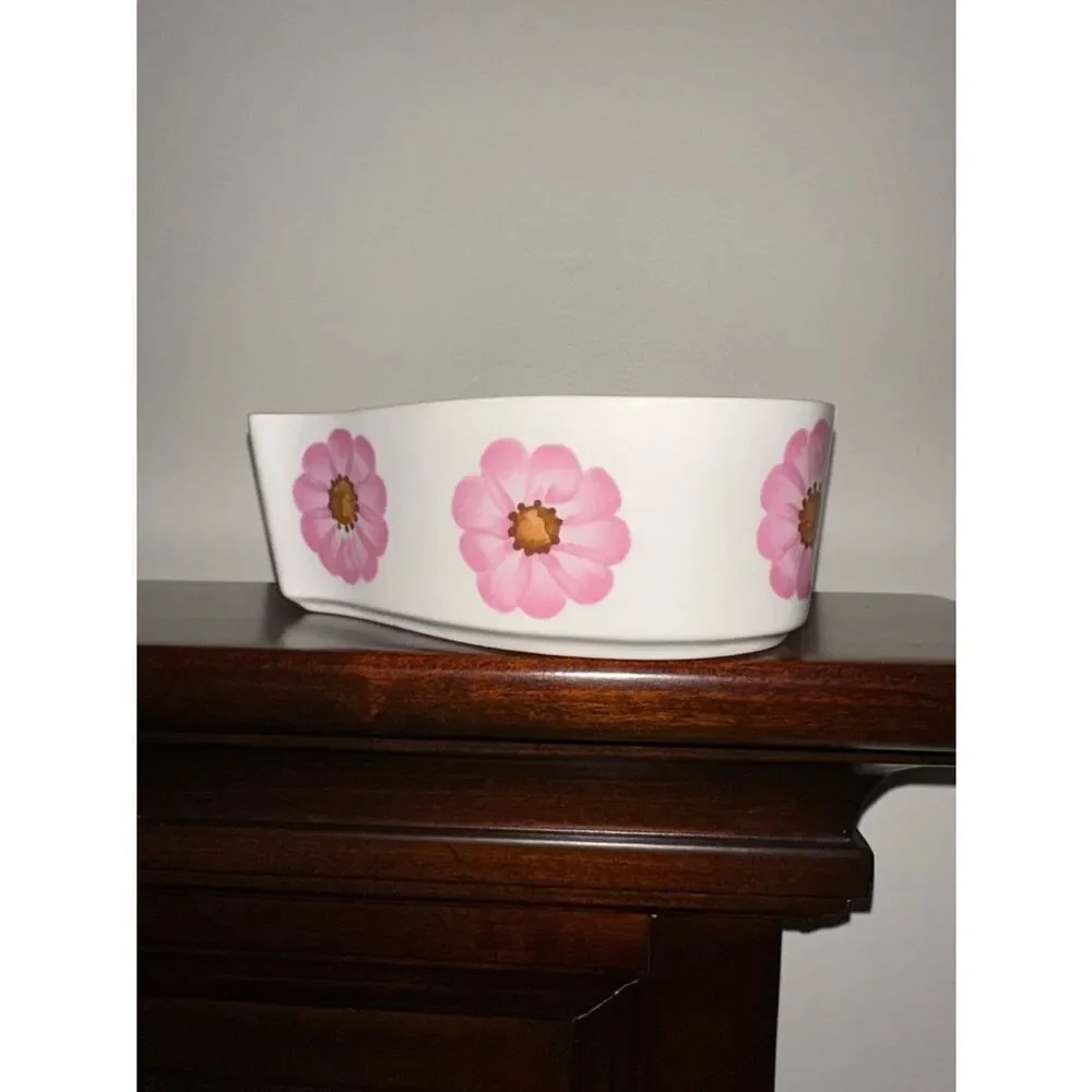 FTD White Pink Floral Heart Shaped Baking Dish Pottery Decor